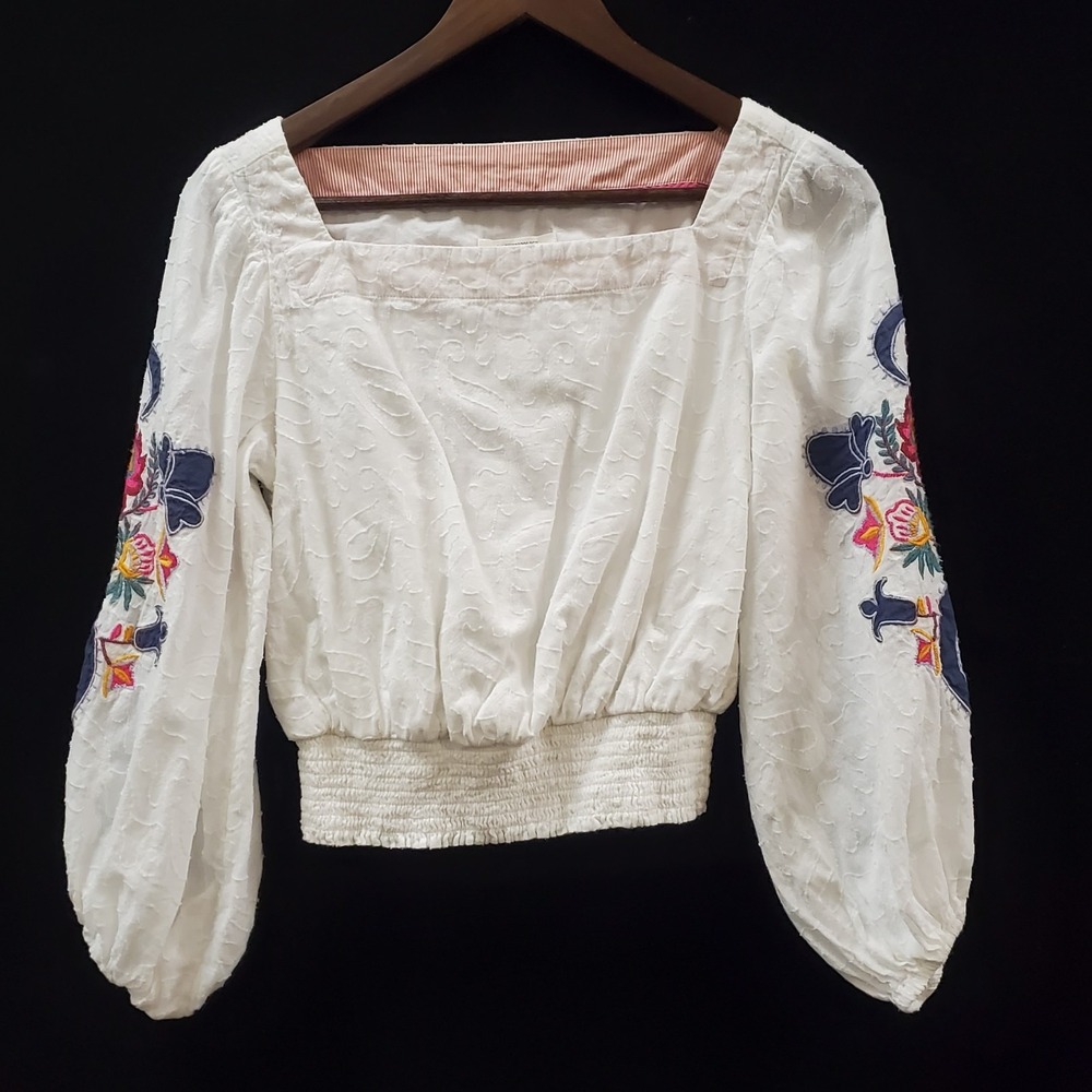 Anthropologie Womens Embroidered Square Neck Balloon Sleeve Top Size XS White